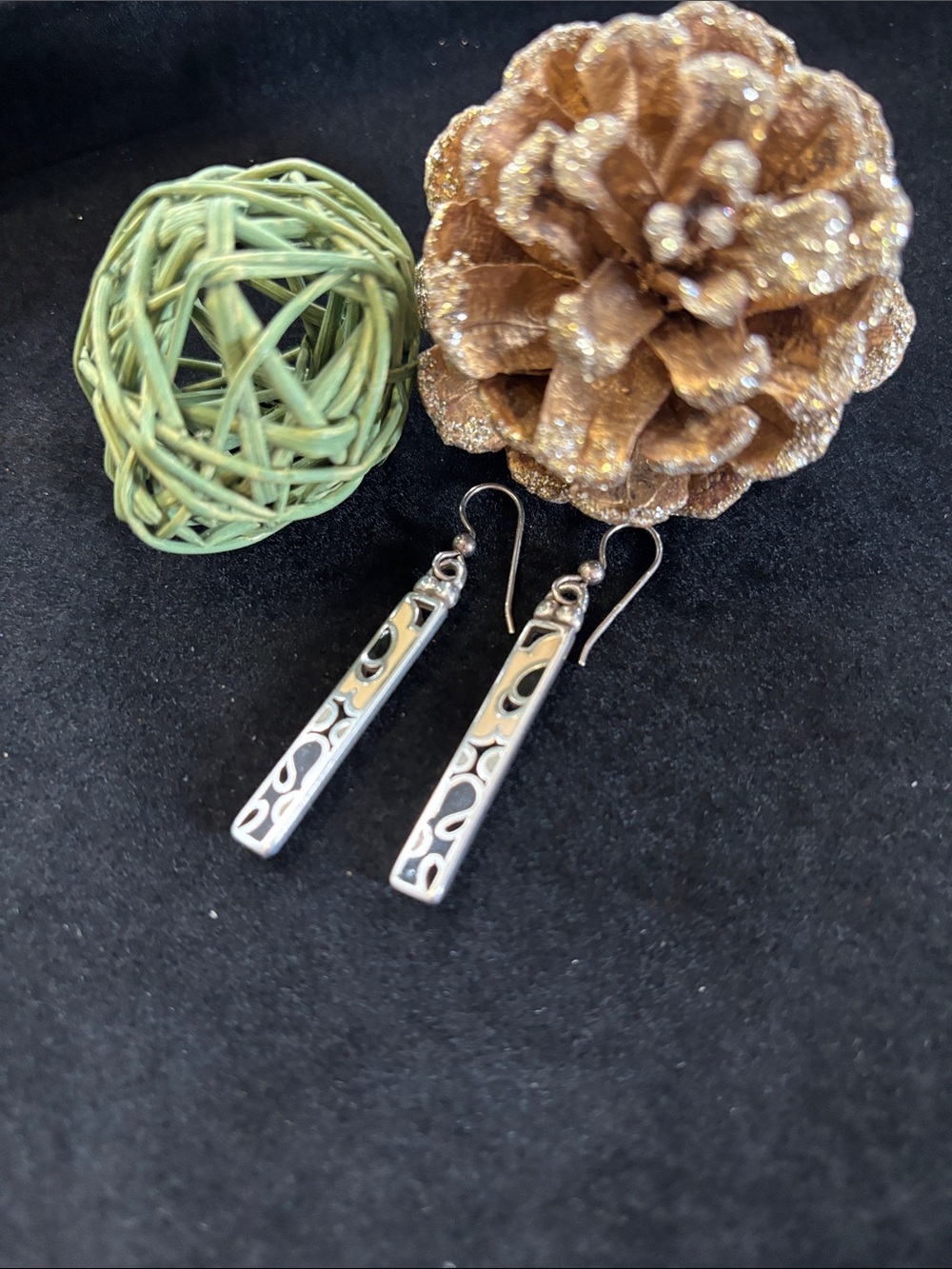 Sterling Silver Filigree Bar Drop Earrings - Silver